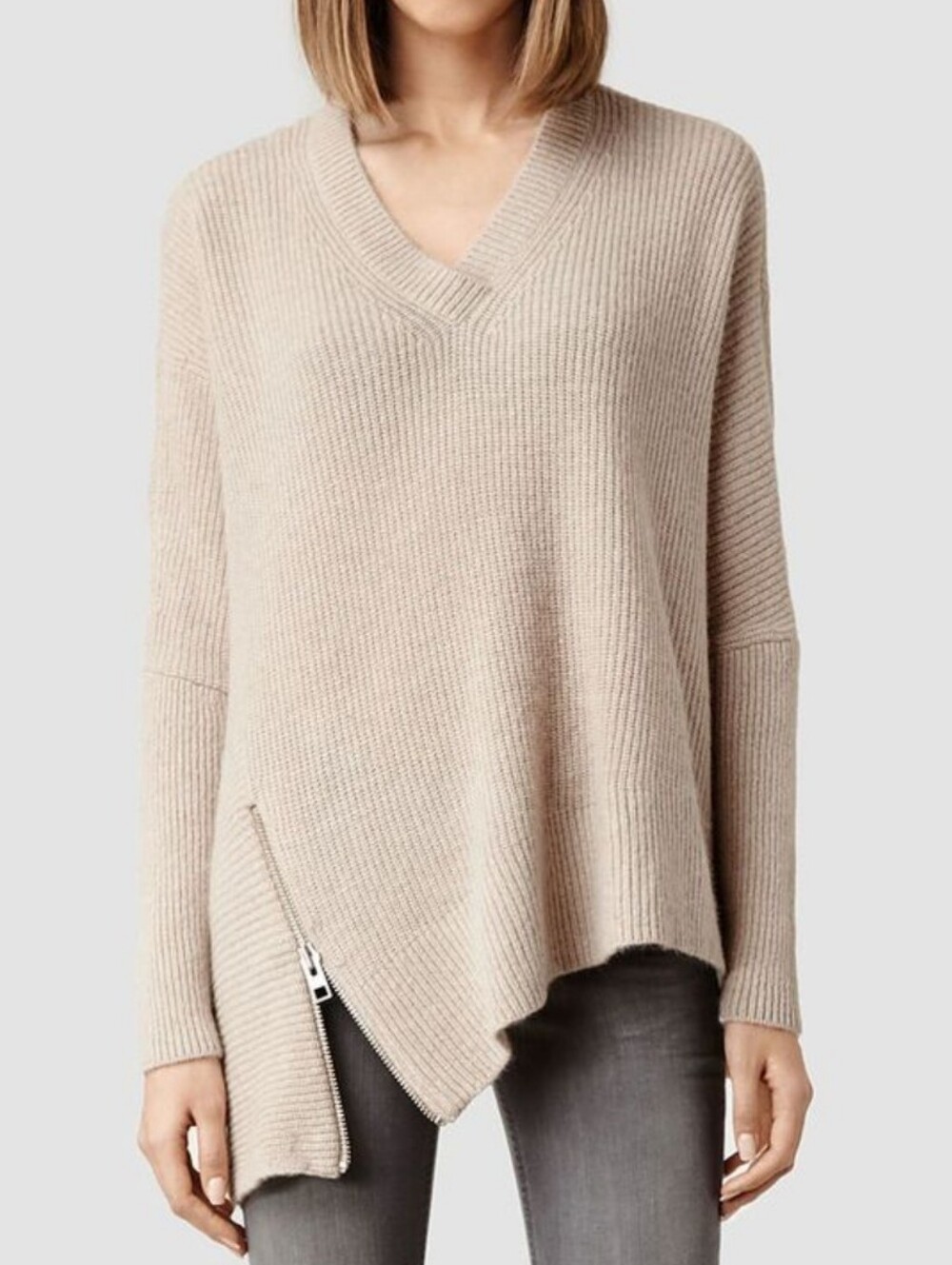 All Saints oversized asymetrical " Able Zip" rib knit sweater Sz S
